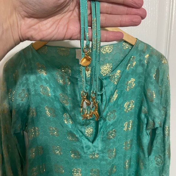 MILLY CABANA Scroll Burnout Cover-Up Mini Dress {$325} Turquoise Green Gold Sm - Picture 6 of 9